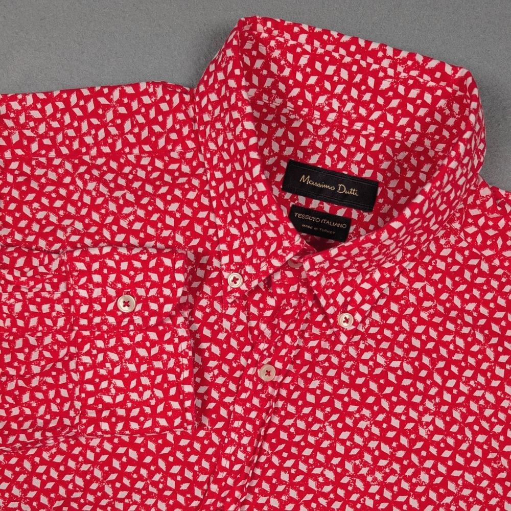 Massimo Dutti Button Down Shirt Mens L Red White Tessuto Italiano Geometric